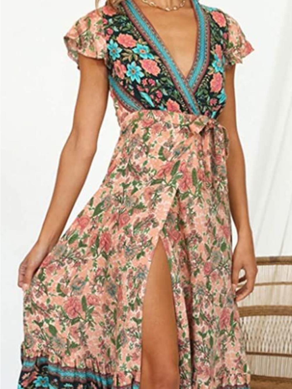 Floral Wrap Maxi Dress with V-Neck in Peach